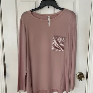 NY Collection Blush Rose Long-Sleeve Top with Velvet Pocket